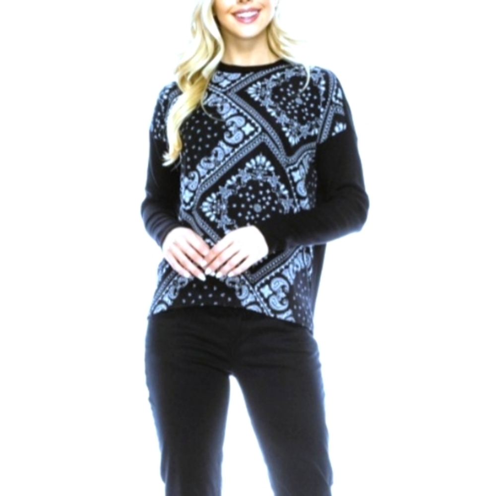 French BLUE Womens Casual Bandana Printed  Shimmer Pullover Top Size LP